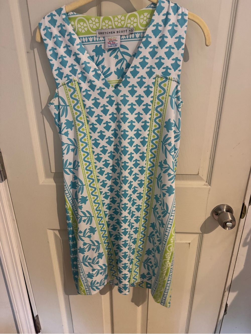 Gretchen Scott Designs Turquoise and Lime Sleeveless V-Neck Dress